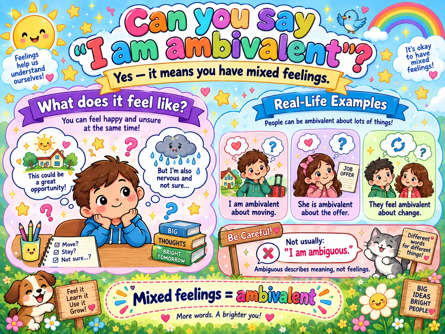 Ambivalent meaning mixed feelings with real-life examples, such as being torn about moving or about a job offer