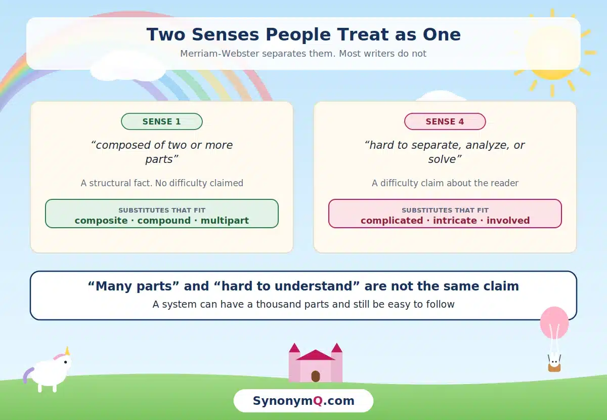 Two adjective senses of complex separated by Merriam-Webster: composed of two or more parts takes composite or compound, while hard to separate, analyze or solve takes complicated or intricate.