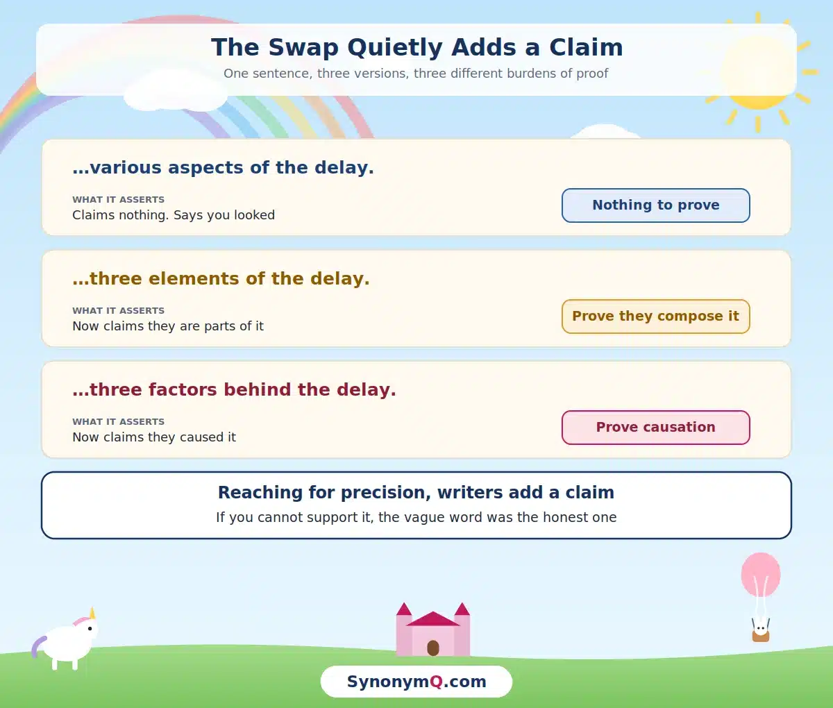 One sentence in three versions showing what the aspect, element and factor swap costs: nothing to prove, prove they compose it, prove causation.