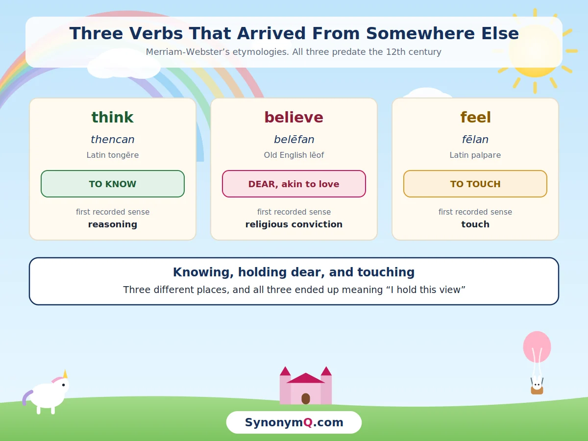 Etymologies of think, believe and feel: thencan related to Latin tongere meaning to know, belefan related to Old English leof meaning dear and akin to love, and felan related to Latin palpare meaning to touch.
