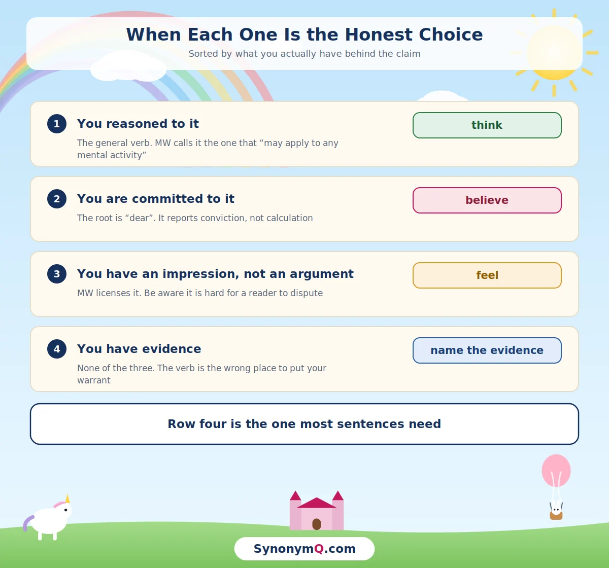Choosing between believe, think and feel by what stands behind the claim: think when you reasoned to it, believe when you are committed, feel for an impression, and naming the evidence when you have it.