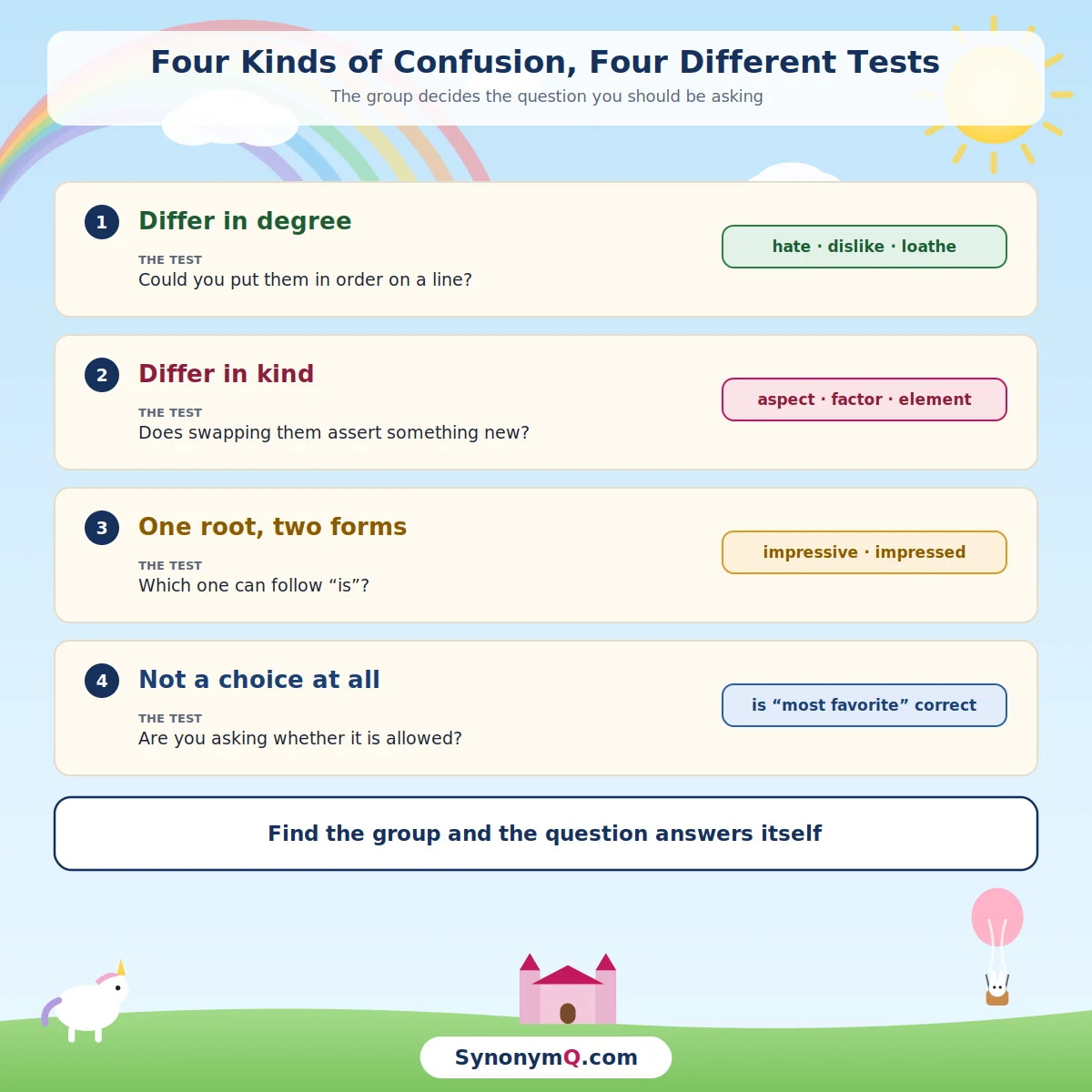 Four groups of word pairs with the test for each: differ in degree, differ in kind, one root with two forms, and pairs where the real question is whether a phrase is allowed.