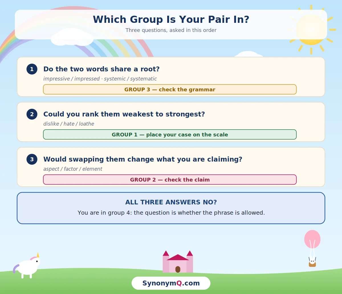 A three-question sorting routine for word pairs: do they share a root, could you rank them weakest to strongest, and would swapping them change the claim.