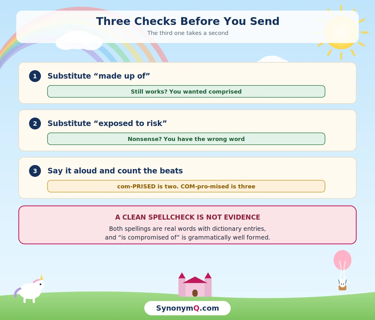 Three quick tests: substituting a plain phrase, testing whether a risk reading makes sense, and counting syllables aloud.