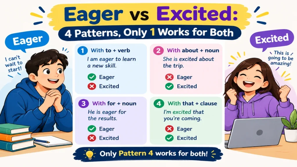 Eager vs excited: eager to leave and excited to leave both work, eager for news takes only eager, and excited about the trip takes only excited
