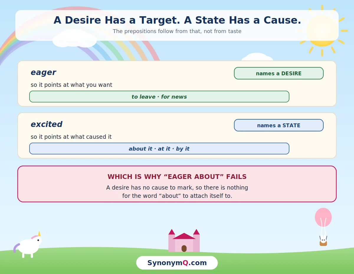 Eager names a desire so it points at what you want, taking to and for; excited names a state so it points at the cause, taking about, at and by