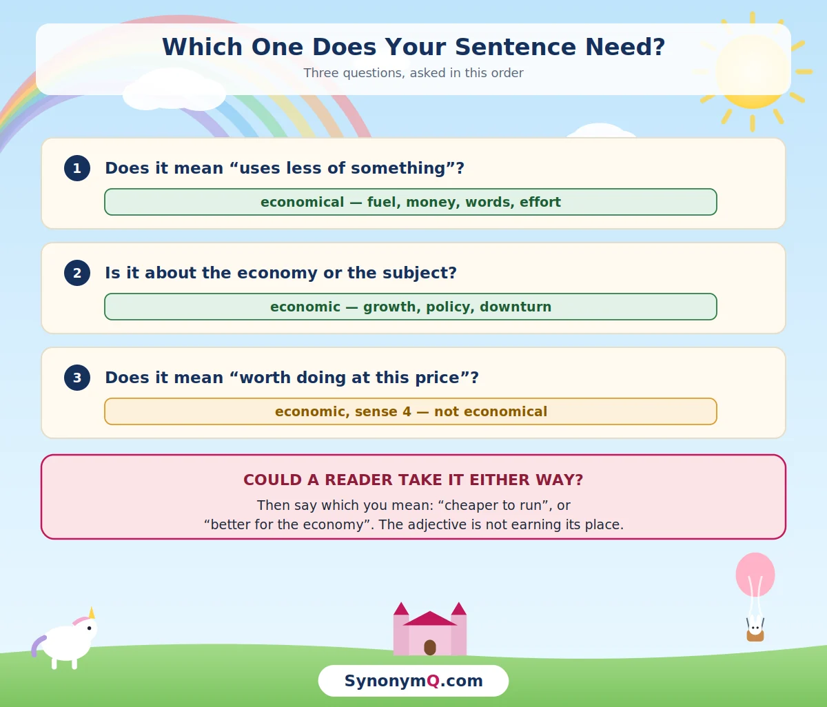 A short decision sequence for choosing between the two adjectives, beginning with whether the sentence is about money being saved.