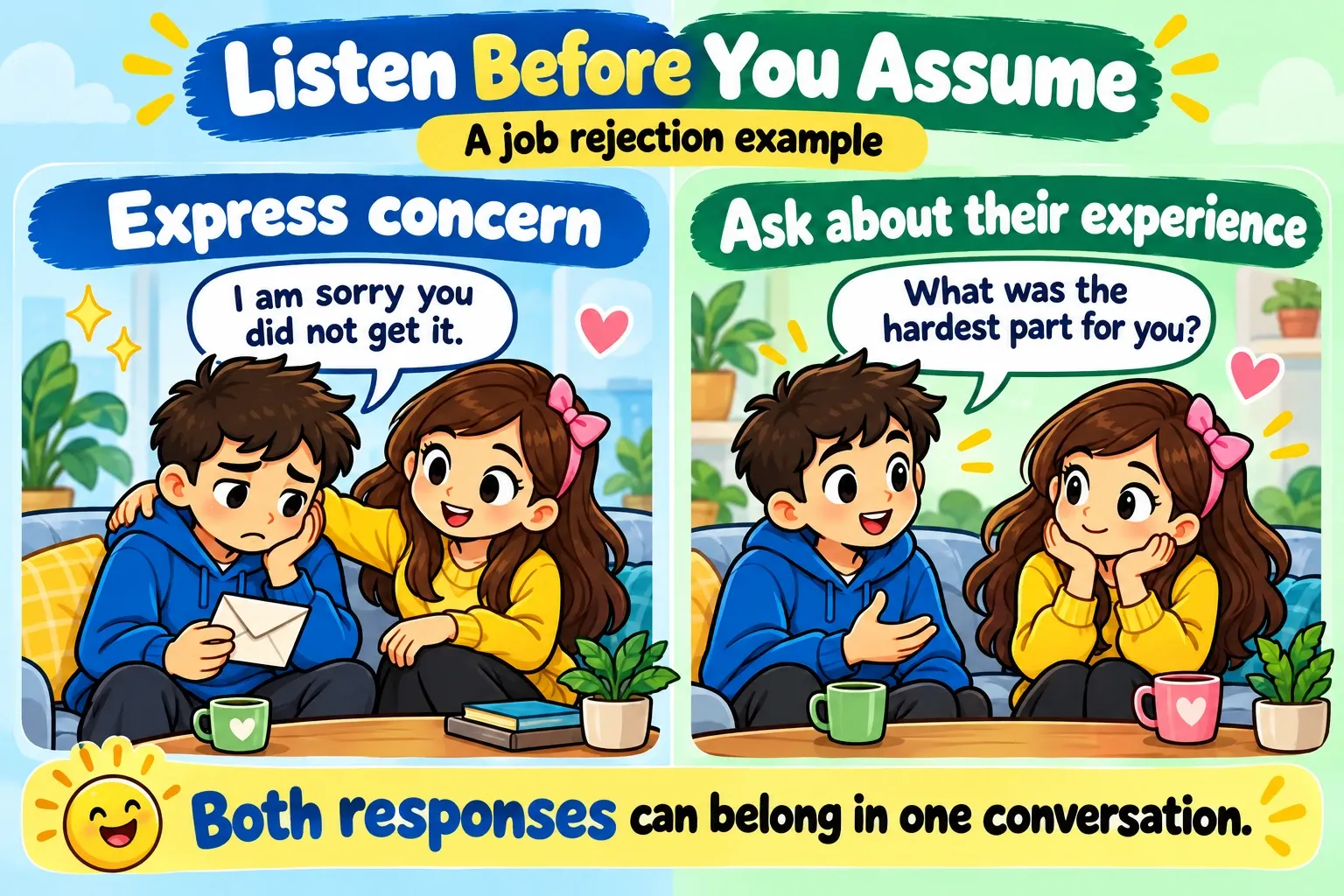 Two friends respond to a job rejection by expressing concern and asking about the experience.