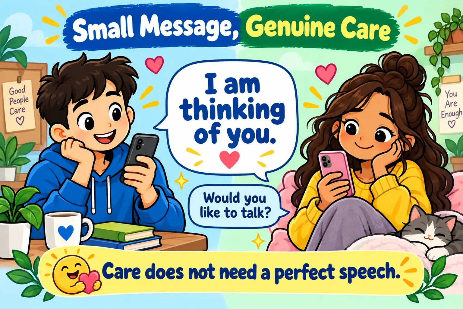 Two friends exchange supportive phone messages asking whether the other would like to talk.