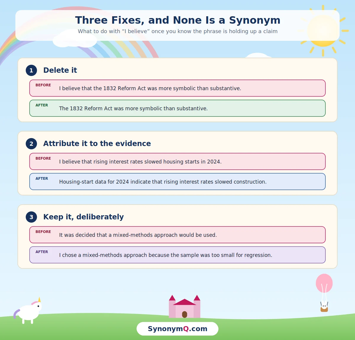 Three before-and-after pairs showing why another word for I believe in an essay is rarely the fix: delete the phrase, attribute the claim to the evidence, or keep the first person deliberately.