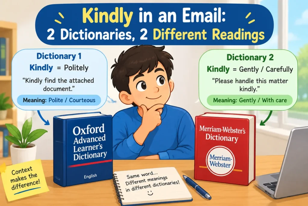 kindly-in-an-email-2-dictionaries-2-different-readings