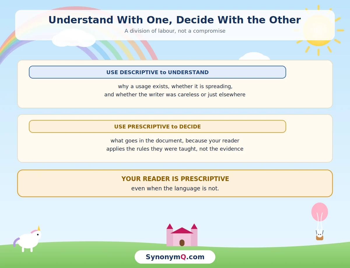 Use the descriptive answer to understand why a usage exists and the prescriptive answer to decide what to write, because your reader applies rules rather than evidence