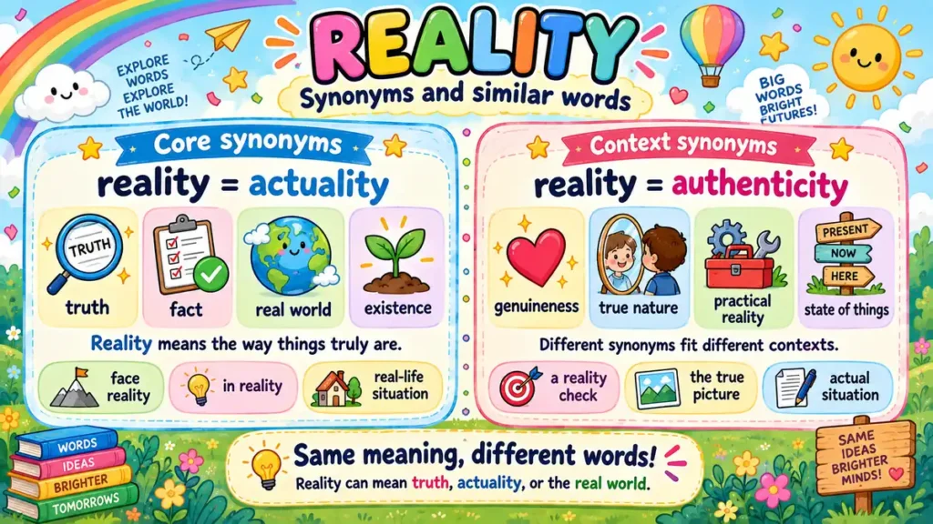 Infographic comparing synonyms for reality and where each one fits