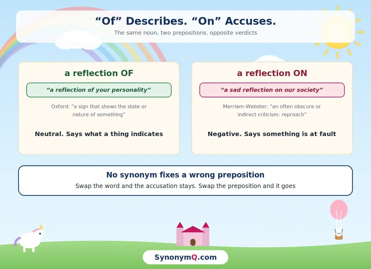 A reflection of your personality is neutral and describes, while a sad reflection on our society is negative and finds fault, per Oxford and Merriam-Webster.