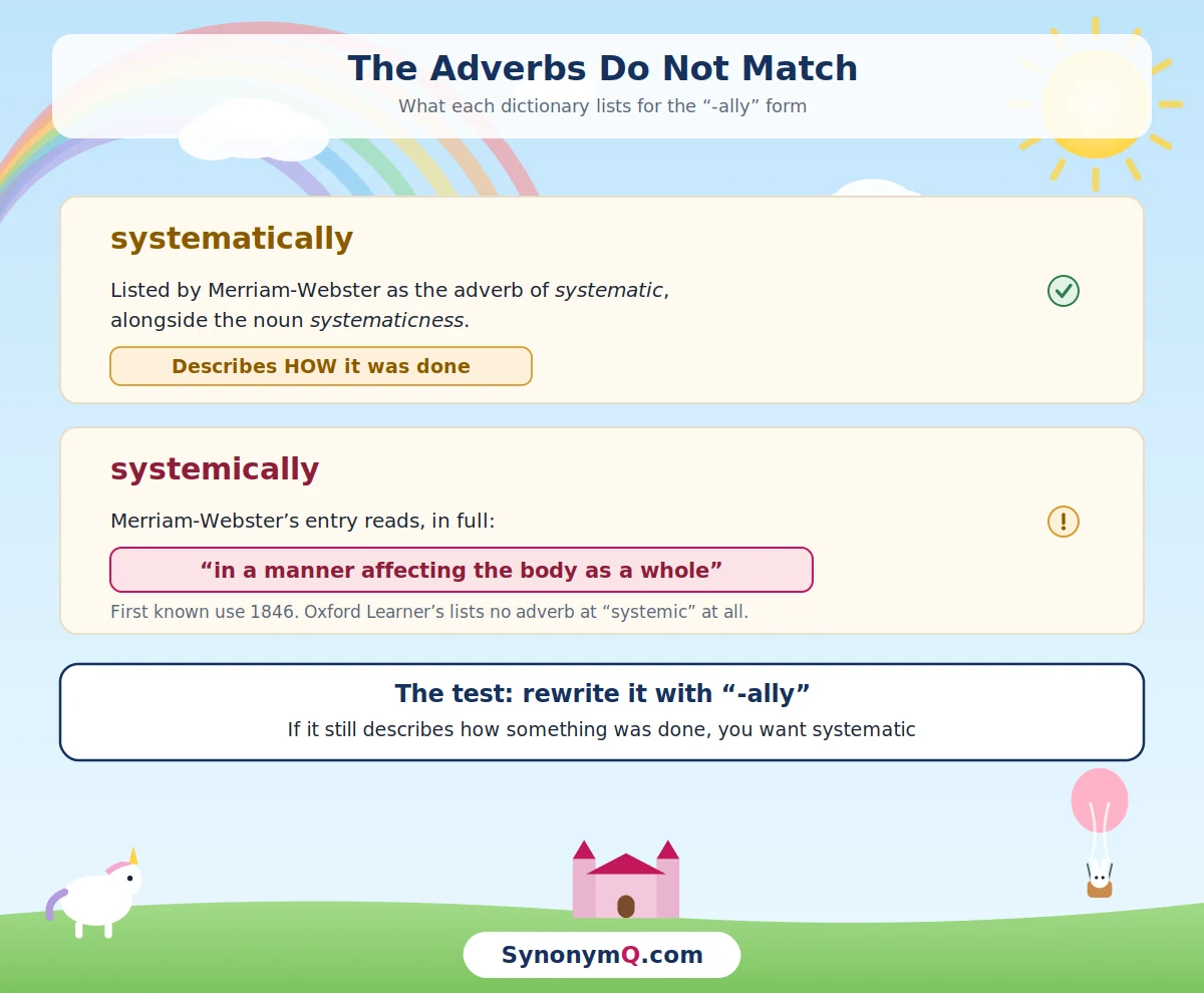 The adverb test for systemic vs systematic: Merriam-Webster lists systematically as the adverb of systematic, while its full entry for systemically reads in a manner affecting the body as a whole.