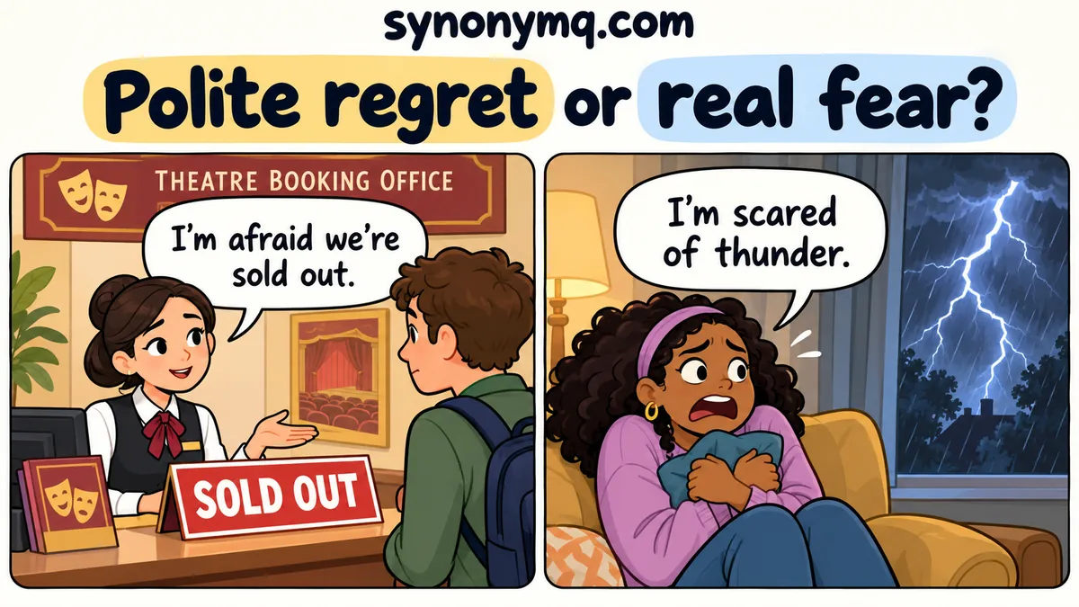 A calm ticket clerk uses I’m afraid for bad news while a visitor says she is scared of thunder