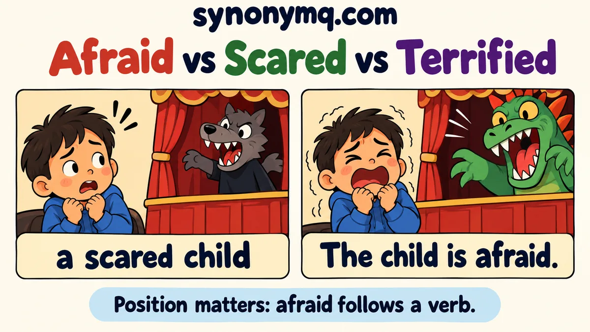 Afraid vs scared vs terrified cartoon contrasting a scared child with the sentence The child is afraid