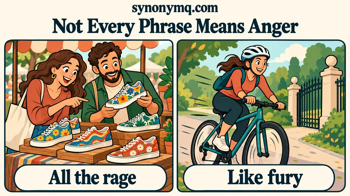 Cartoon shoppers admiring fashionable trainers beside a cyclist pedalling quickly