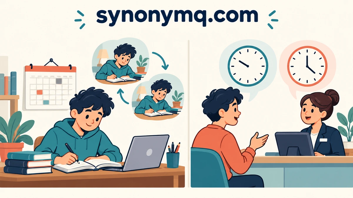 Cartoon of a repeating study routine beside a person choosing another appointment time