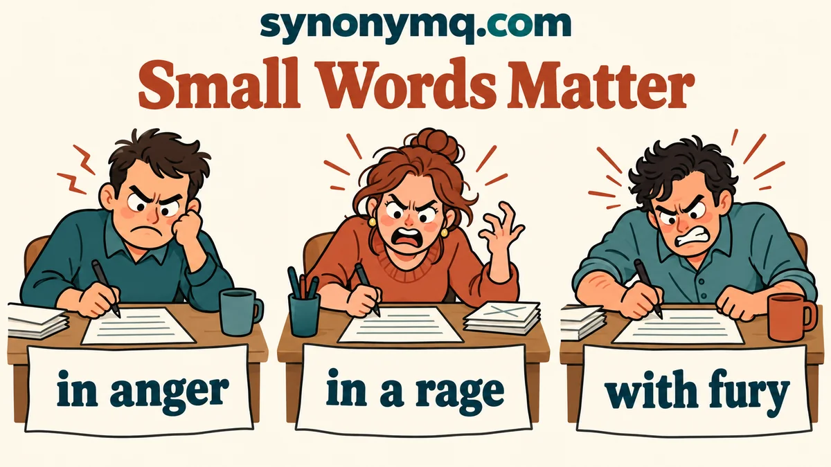 Three cartoon writing scenes labelled in anger, in a rage and with fury