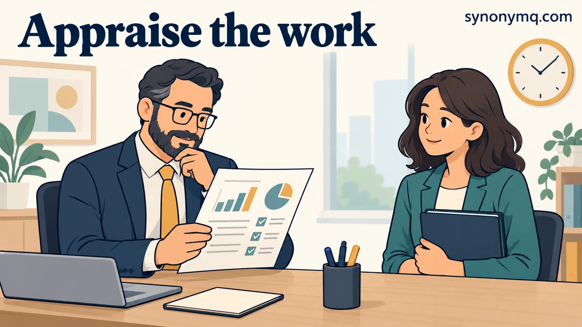 Cartoon of a manager reviewing an employee’s work during a performance appraisal