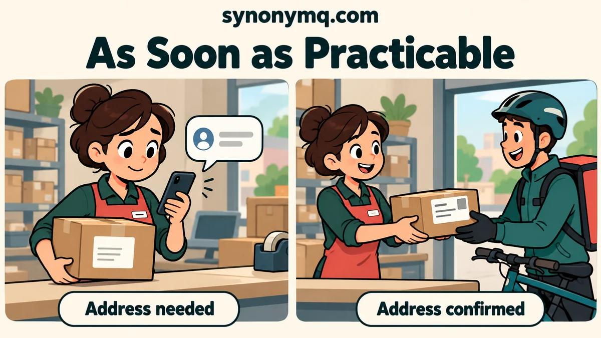Cartoon parcel dispatcher waiting for a confirmed address before handing a parcel to a courier