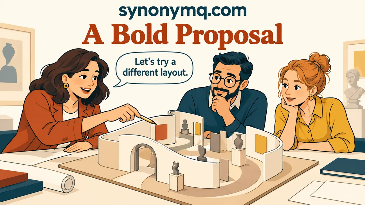 Cartoon team considering an unusual exhibition layout labeled A Bold Proposal