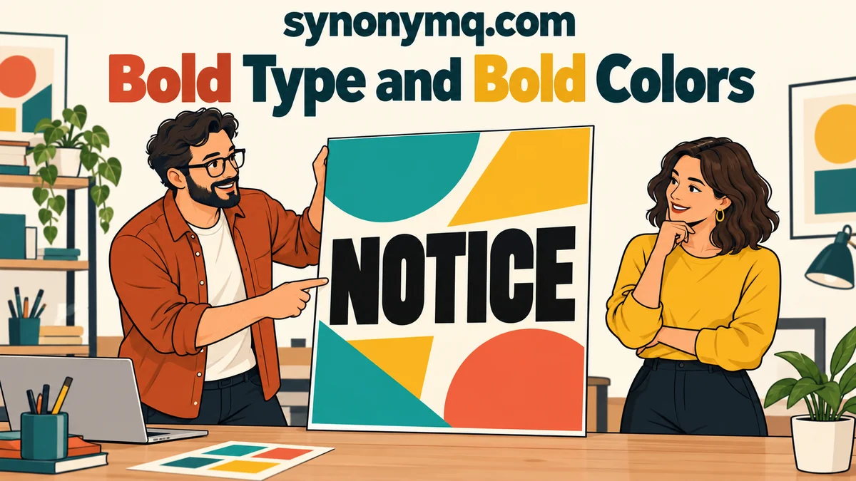 Cartoon designer pointing to heavy NOTICE lettering and bright colors on a poster