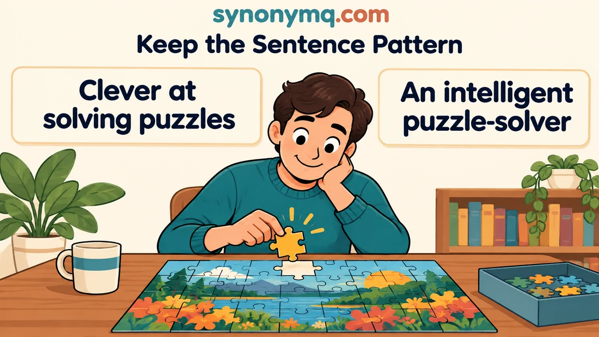 Cartoon puzzle-solver beside the phrases clever at solving puzzles and an intelligent puzzle-solver
