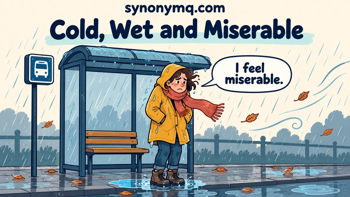 Cartoon adult feeling cold, wet and miserable while waiting at a rainy bus stop