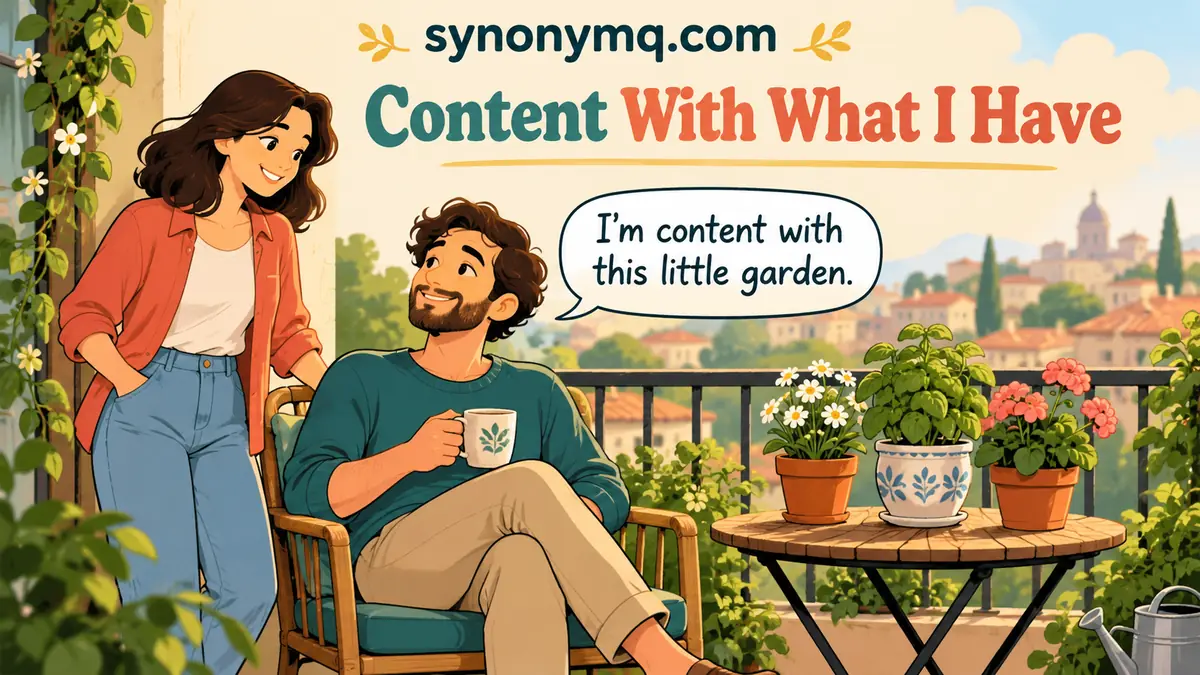 Cartoon adult enjoying a small balcony garden and saying they are content with it