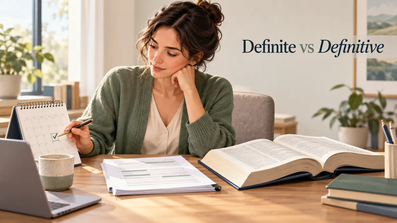 Definite vs definitive illustrated by a professional checking a calendar beside a reference book