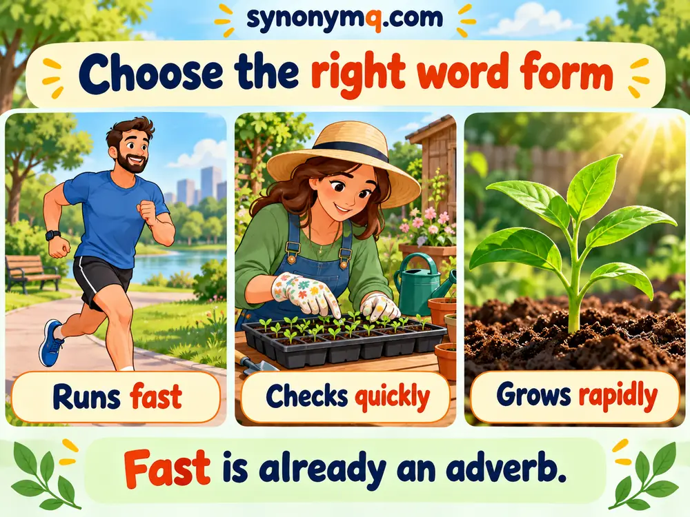 Cartoon showing runs fast, checks quickly, and grows rapidly as three adverb patterns
