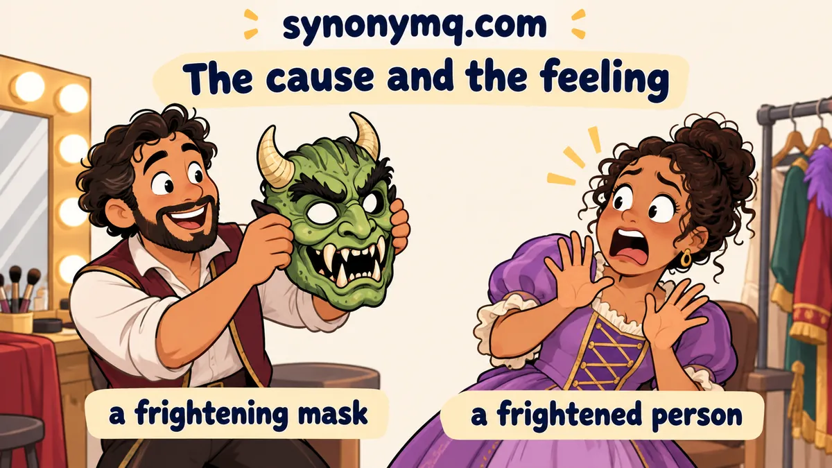 Cartoon showing a frightening theatrical mask and the frightened person reacting to it