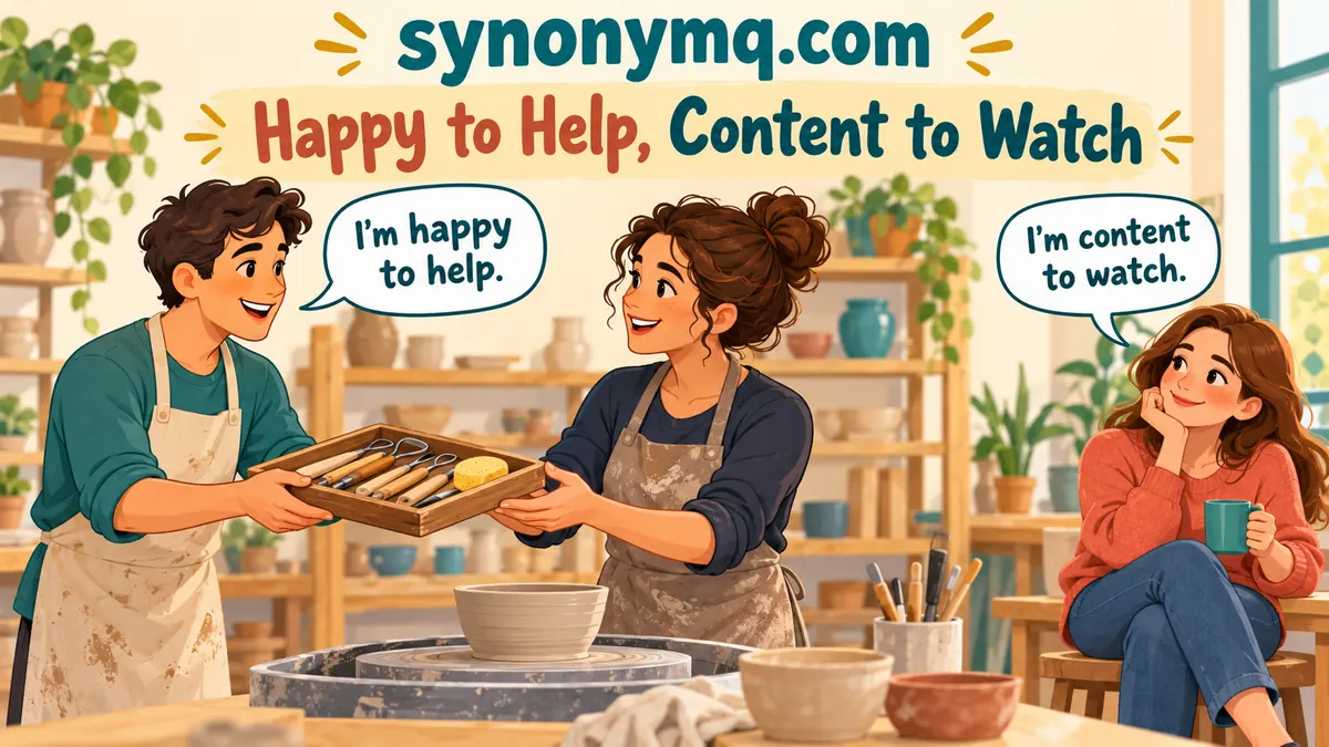 Cartoon pottery workshop with one person happy to help and another content to watch
