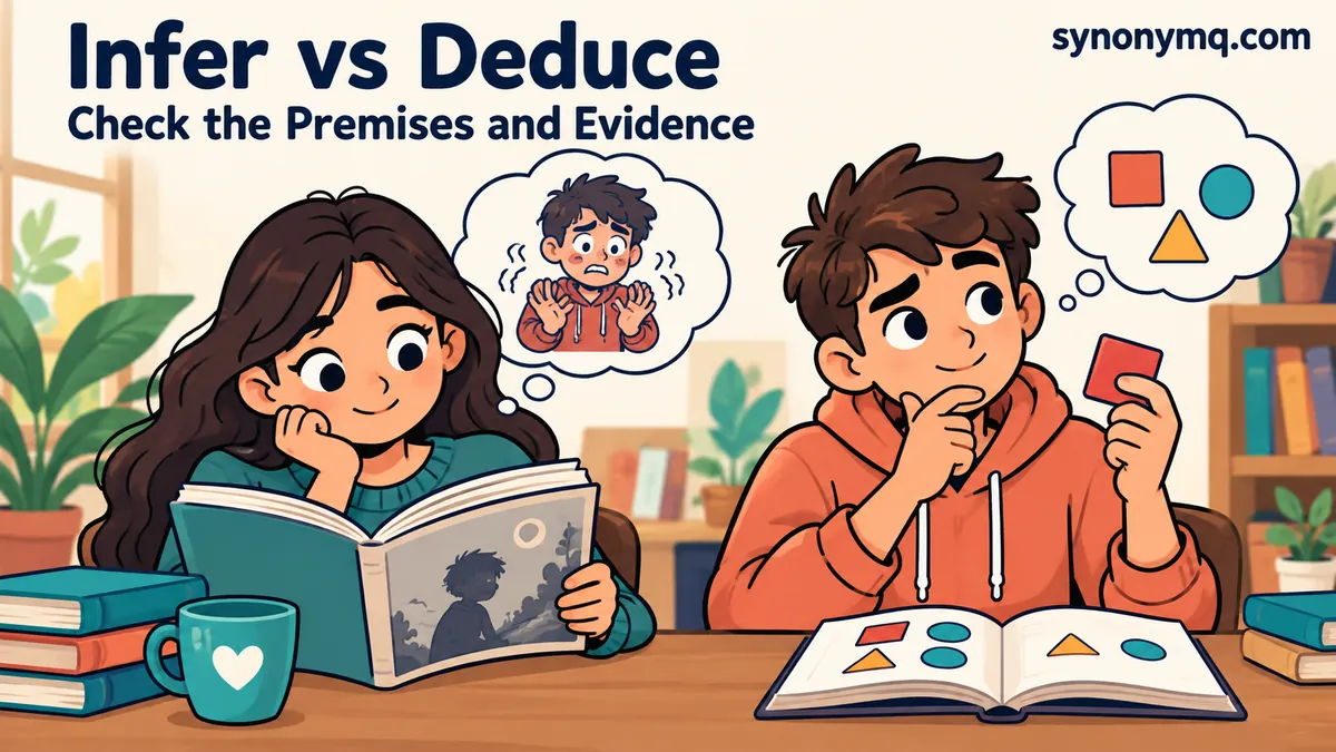 Cartoon student reading a story beside a student considering a shape puzzle and red tile