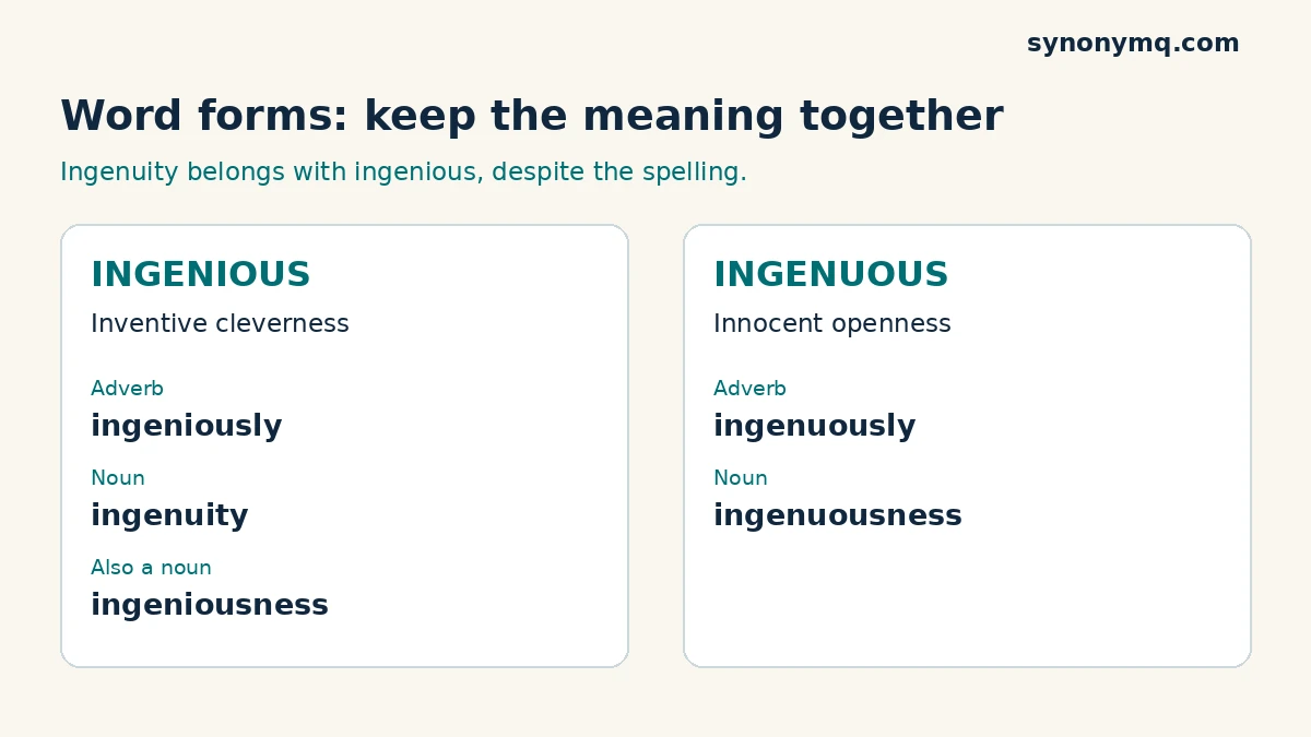 Word forms connecting ingenious with ingenuity and ingenuous with ingenuousness