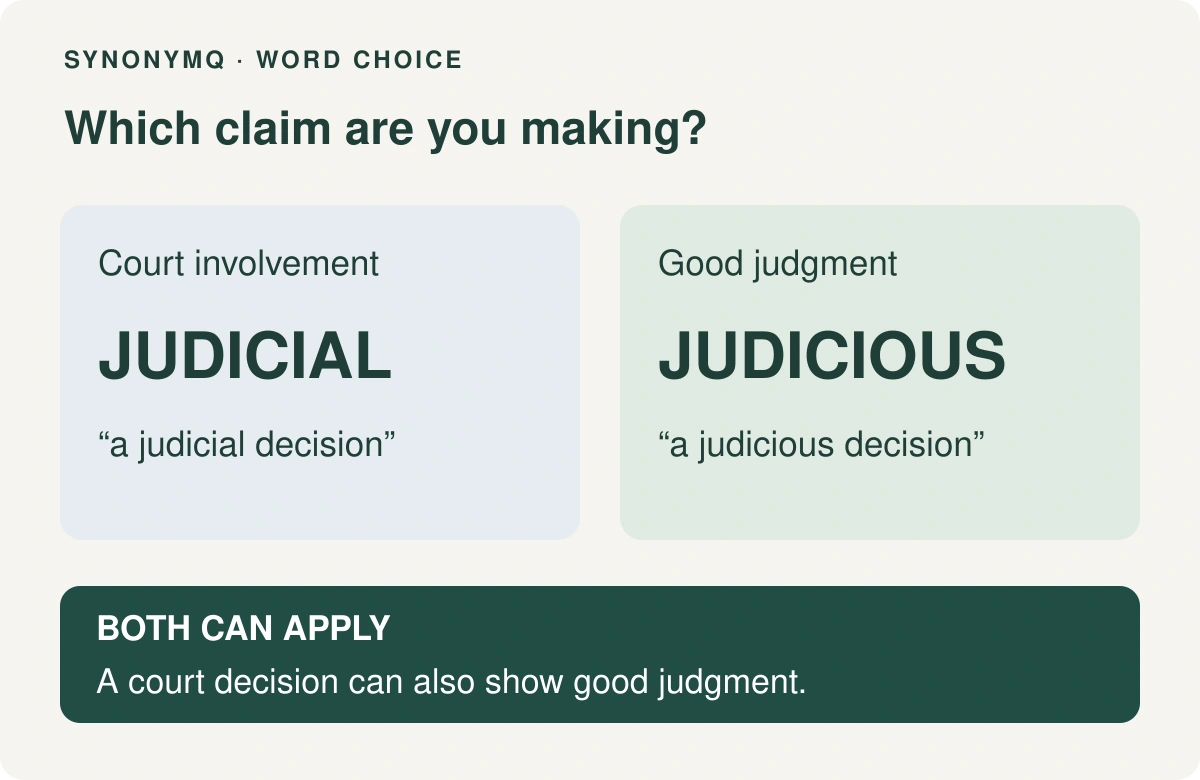 Judicial vs judicious choice guide: court involvement calls for judicial; good judgment calls for judicious; both claims can apply together