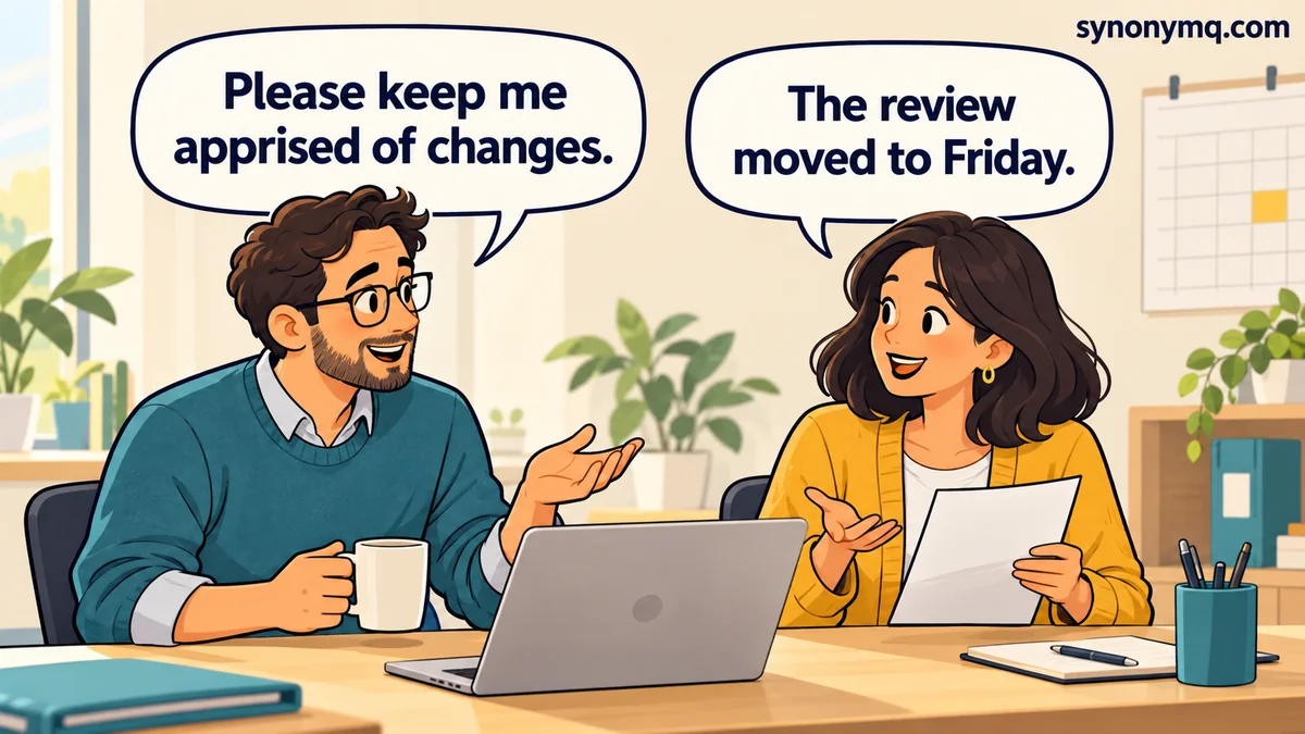 Cartoon colleagues using keep me apprised of changes while sharing a revised review date