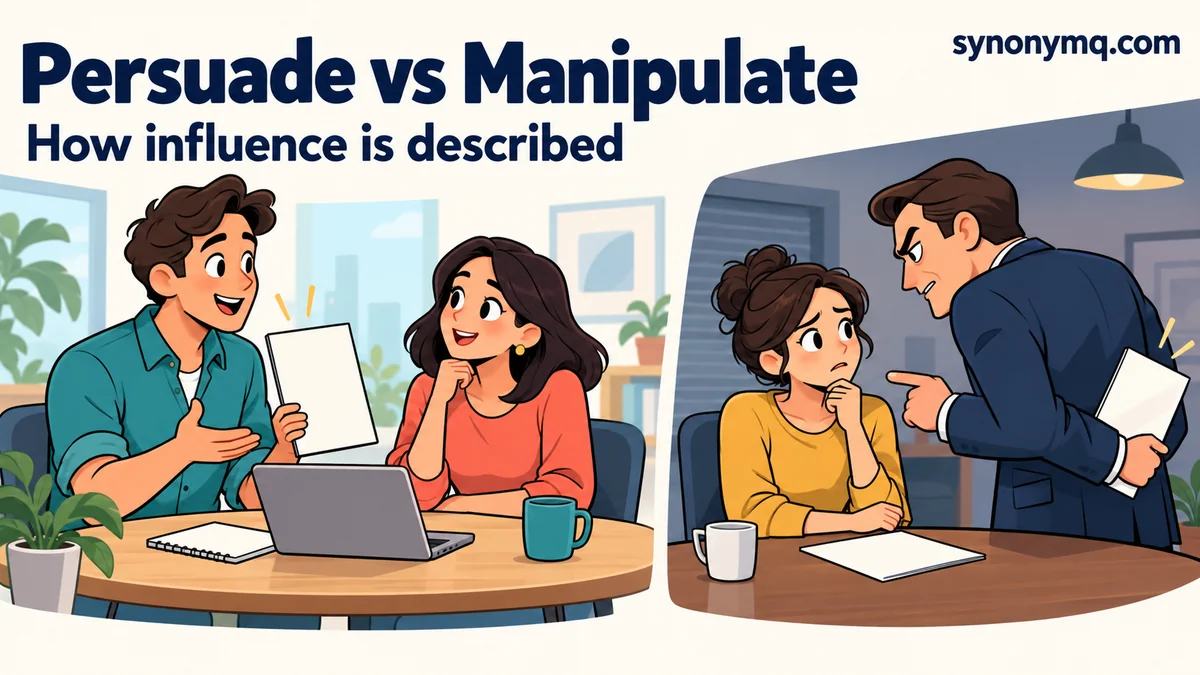 Cartoon contrasting an open discussion with someone hiding a document while pressuring another person