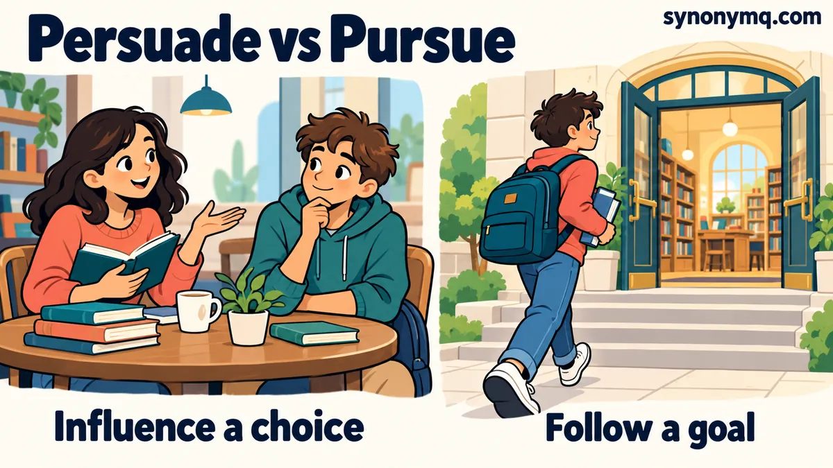 Cartoon of a reading discussion beside a student entering a library, labeled persuade and pursue