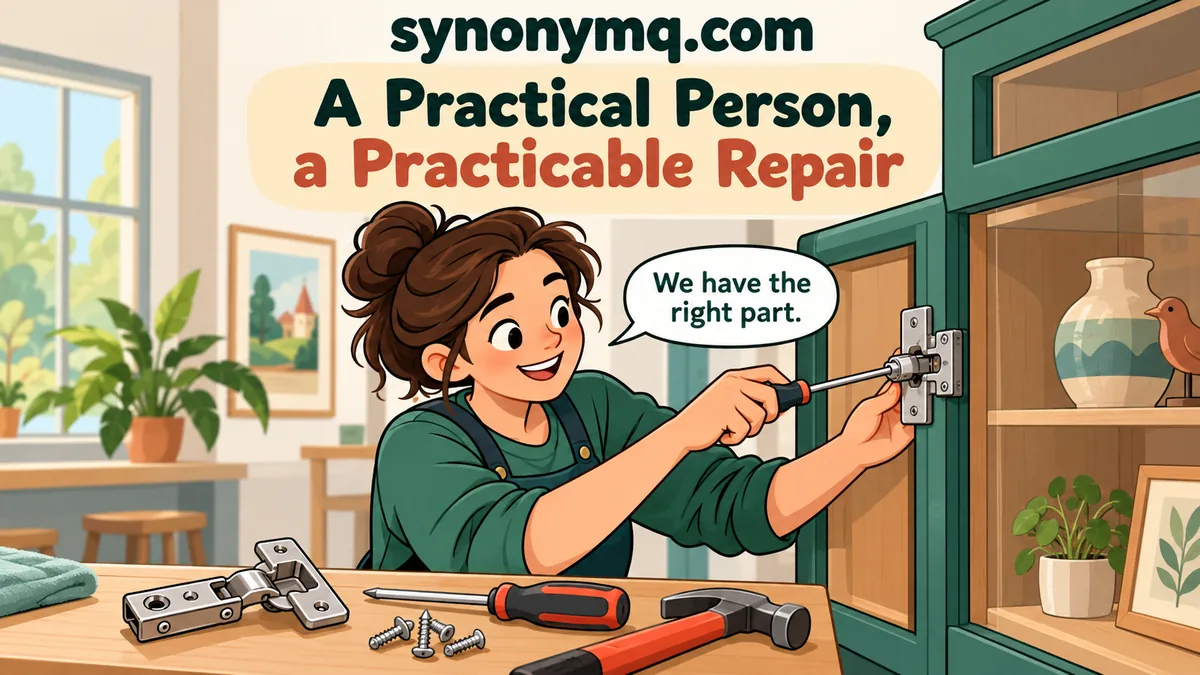 Cartoon colleague repairing a display hinge beside a proposed repair with the needed parts ready