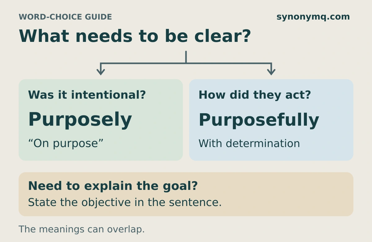 Purposely vs purposefully choice guide: intentional action, determined manner, or an objective that needs to be stated