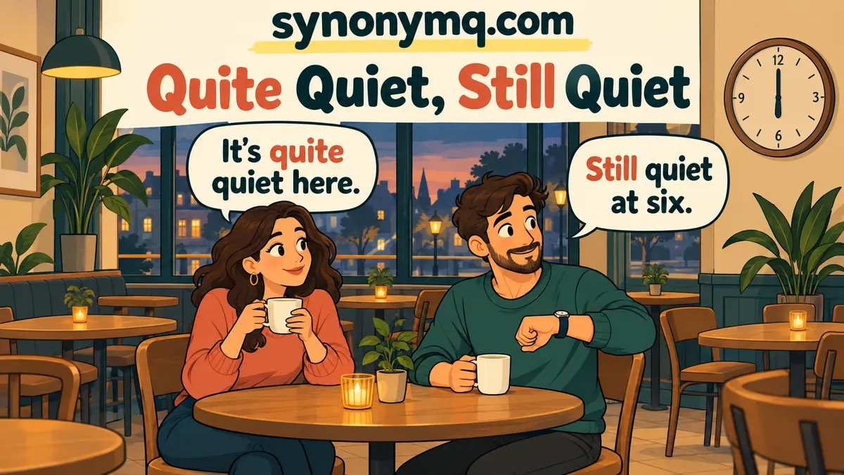 Cartoon café visitors using the phrases quite quiet and still quiet at six