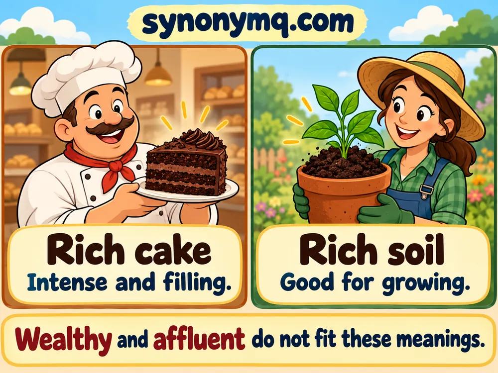 Cartoon baker explaining rich chocolate cake and gardener explaining rich soil