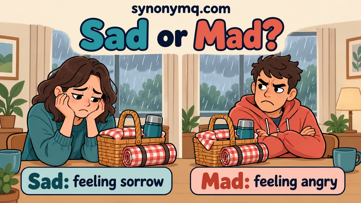 Cartoon picnic examples contrasting a sorrowful reaction with an angry reaction
