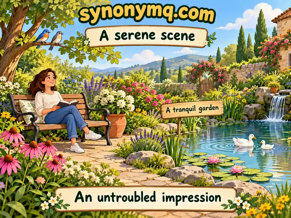 A serene garden scene with a relaxed person, illustrating serene and tranquil descriptions