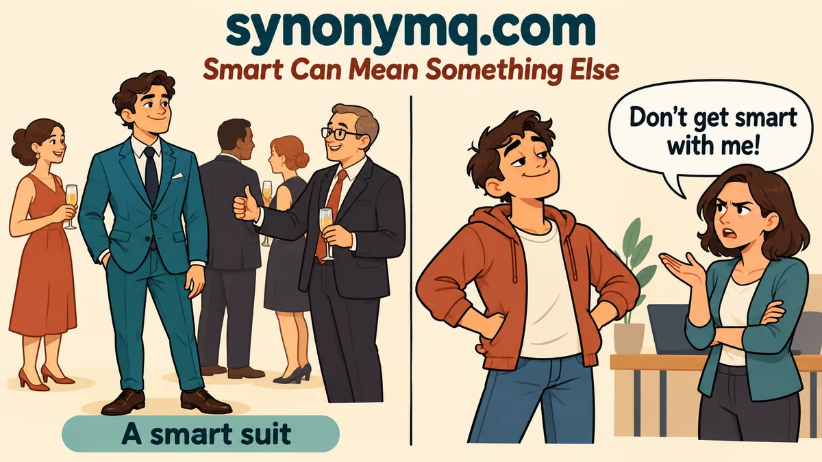 Cartoon contrast between a compliment about a smart suit and a warning not to get smart