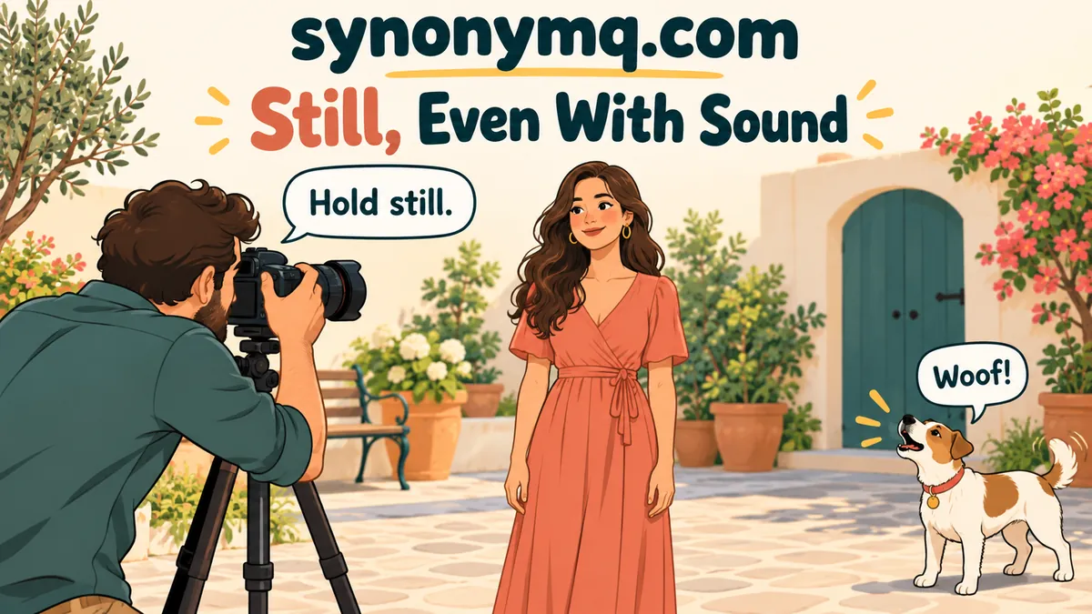 Cartoon photographer asking a model to hold still while a nearby dog barks