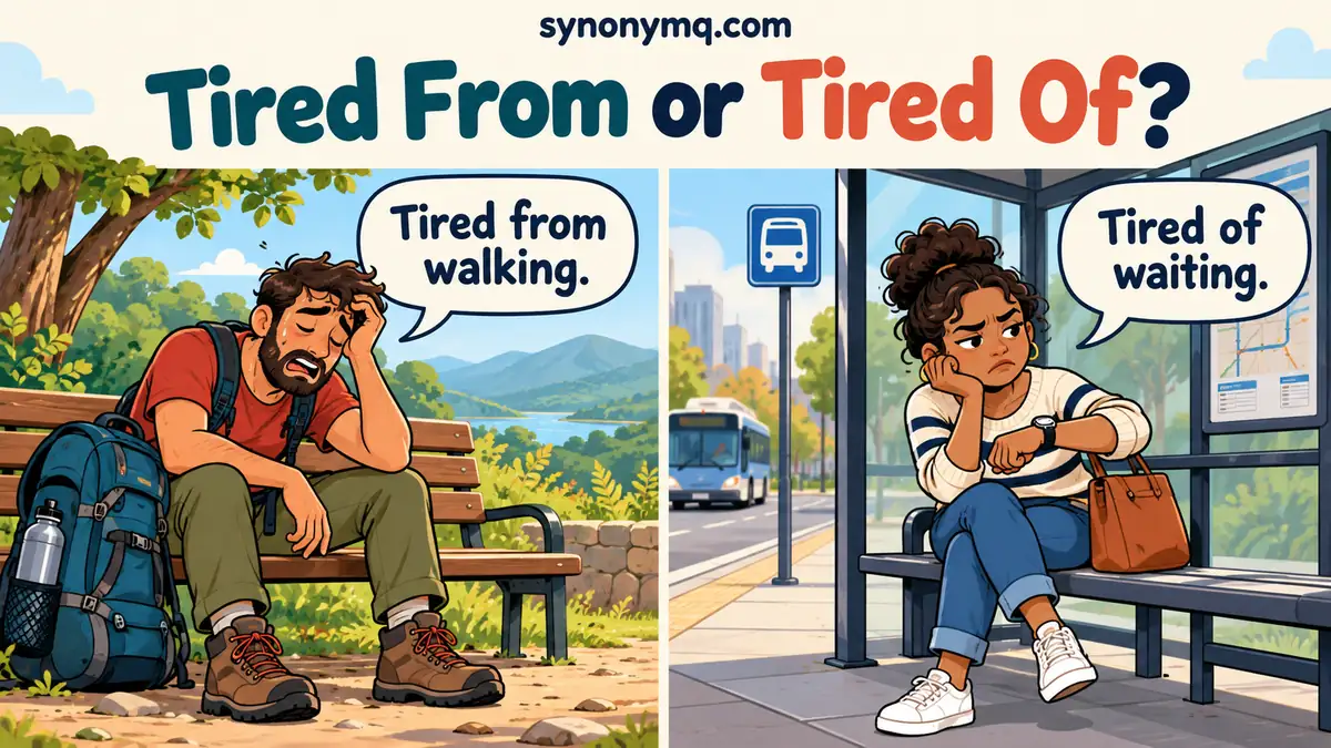 Tired vs exhausted vs weary example contrasting a hiker tired from walking with a passenger tired of waiting